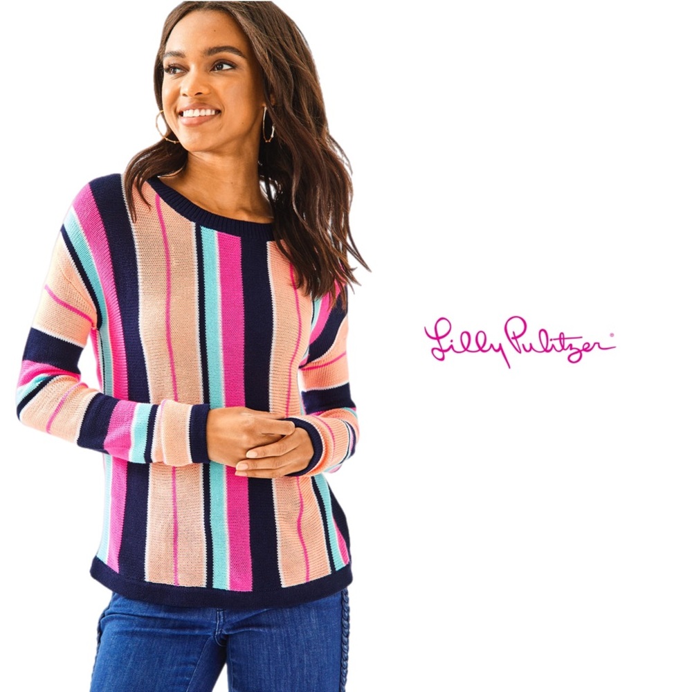 Lilly Pulitzer DARYN STRIPED SWEATER BORDEAUX BERRY ISLAND JUNGLE MULTI …